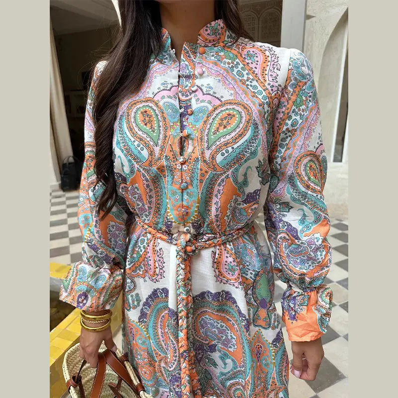 Printed Lace Up Long Sleeve Maxi Dresses