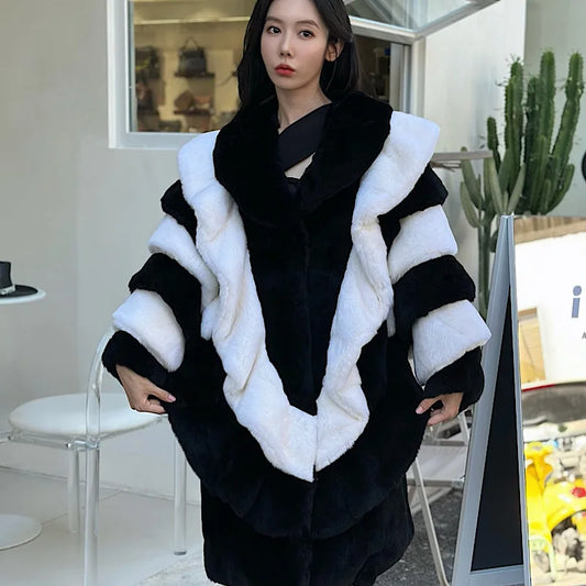 Black & White Contrast Lapel Real Fur Coat