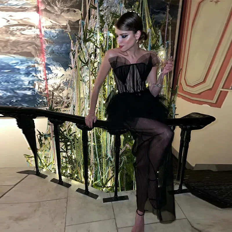 Mesh Strapless Backless Sleeveless Long Dress