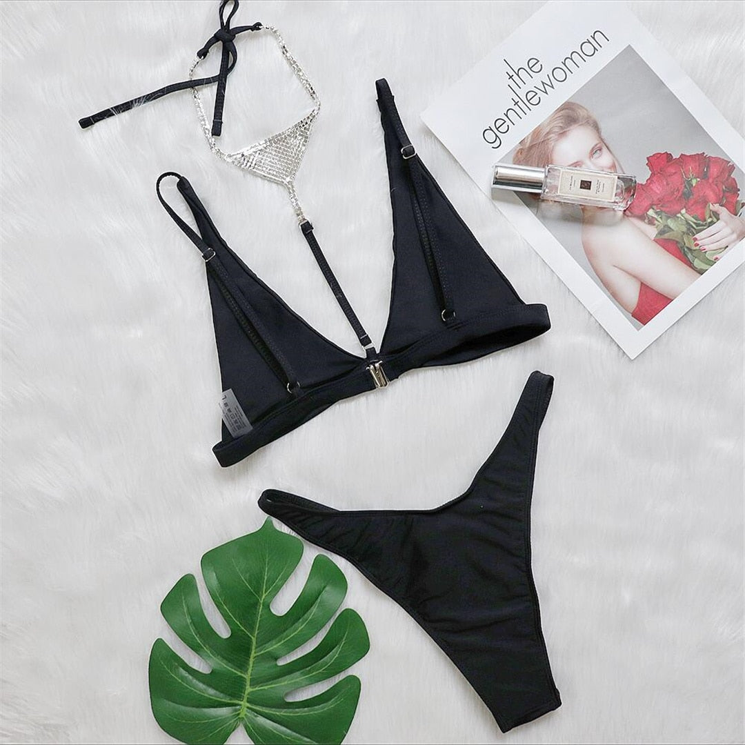 Diamond Long Sleeve Hollow Micro Crop Bikini Set
