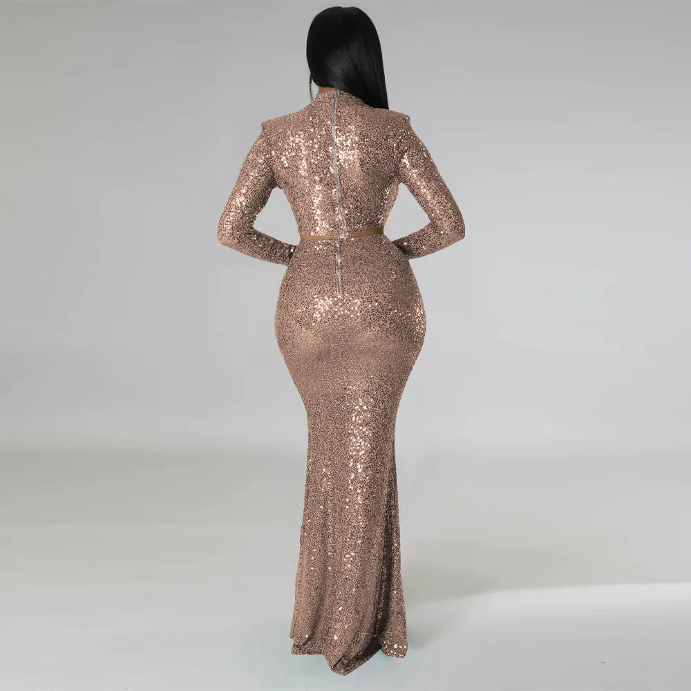 Sequins O-neck Crop Top & Maxi Skirt Sets