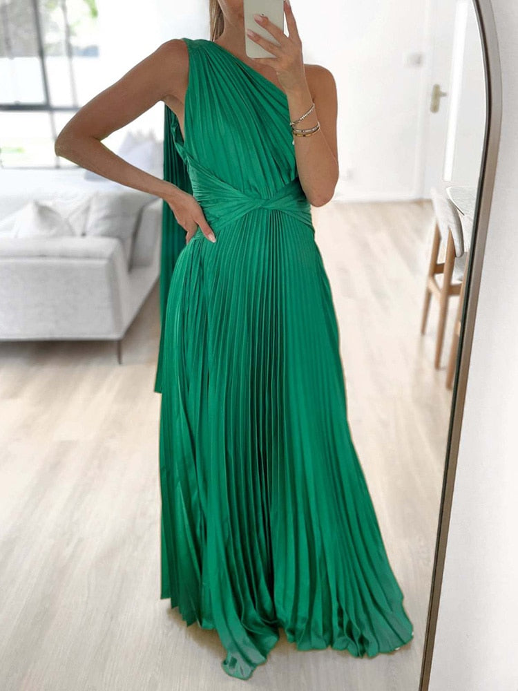 One Long Sleeve Pleated Backless Maxi Dresses