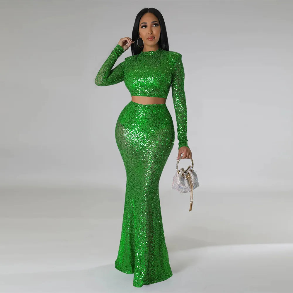 Sequins O-neck Crop Top & Maxi Skirt Sets