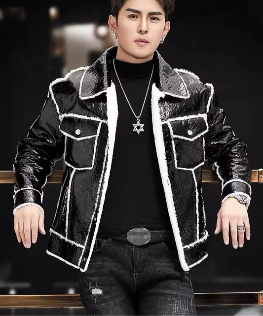Luxury Shiny Genuine Leather Jacket White Wool Lining