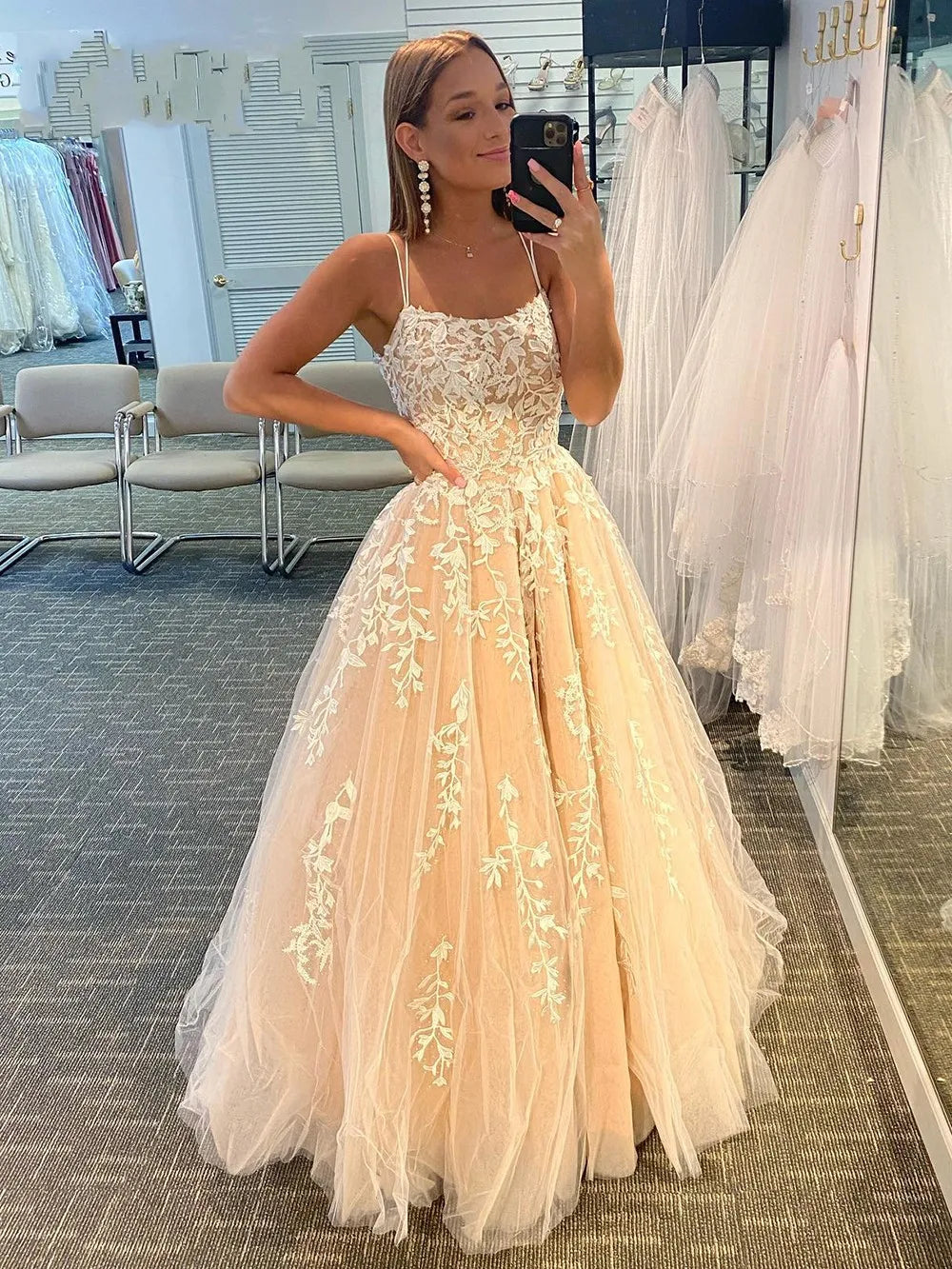 Spaghetti Strap A-Line Lace-up Long Dress