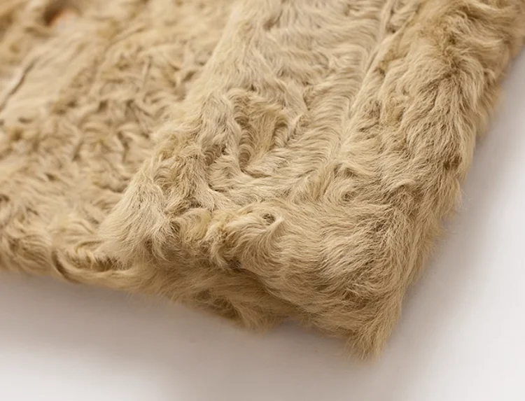 Natural Long Lambswool Real Fur Coats Fox Fur Collar