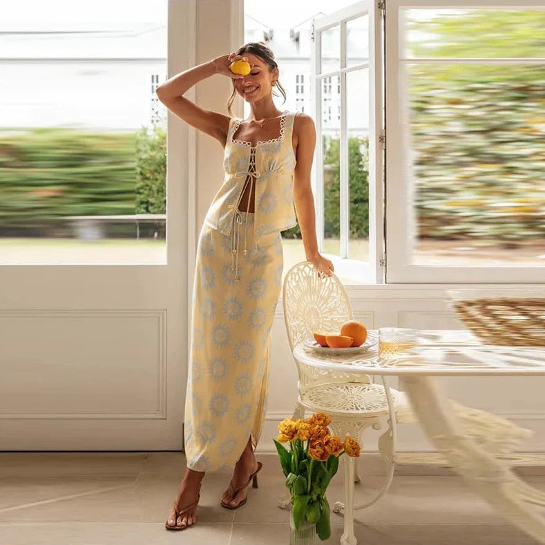 Lace Up Open Tank Top & Long Skirt Sets