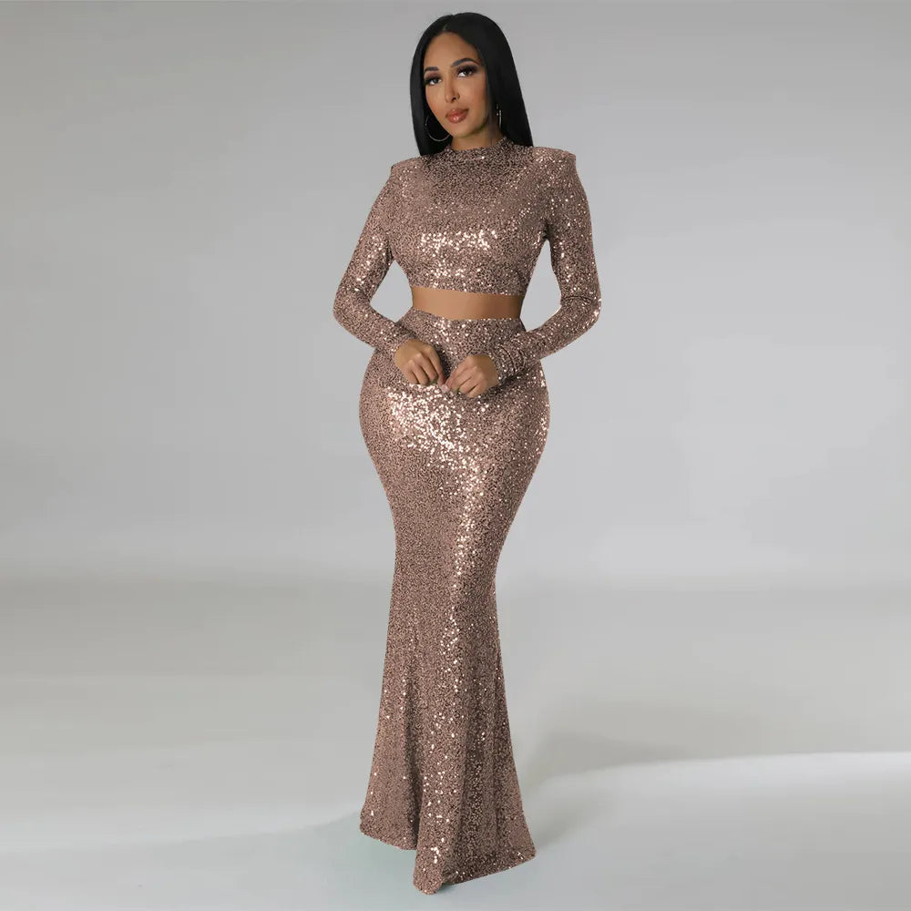 Sequins O-neck Crop Top & Maxi Skirt Sets