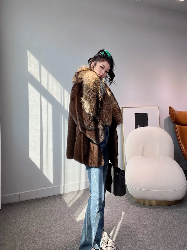 Luxury Real Mink Fur Coat Huge Fox Fur Collar