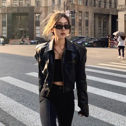 Vintage Pu Leather Jacket Motorcycle Bomber Jacket Double Zipper Long Sleeve Streetwear Autumn Short Tops Korean Chic Black Coat