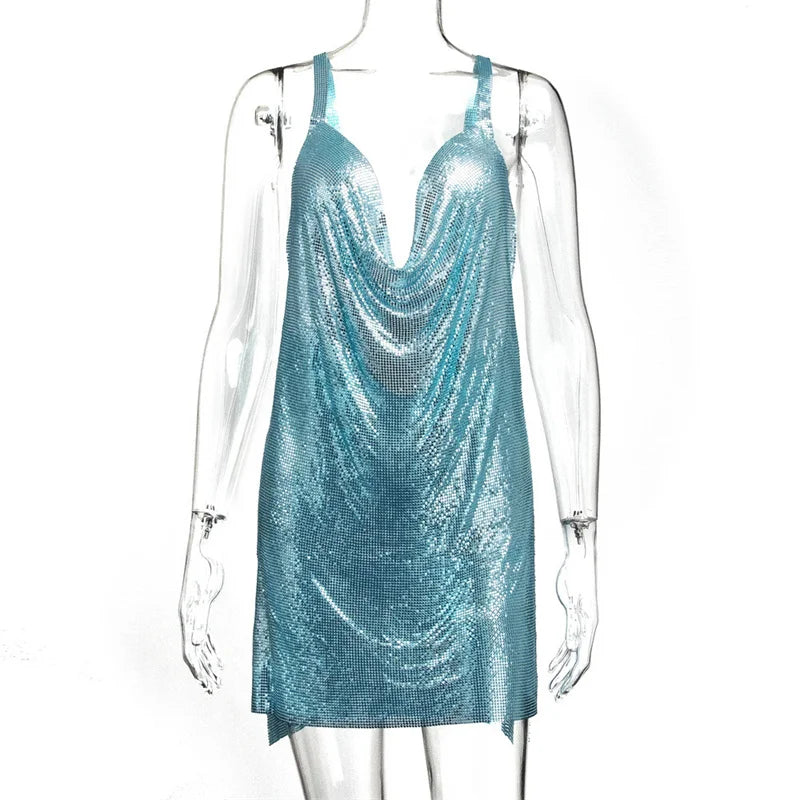 Metallic Chain Halter Metal Backless Mini Dresses