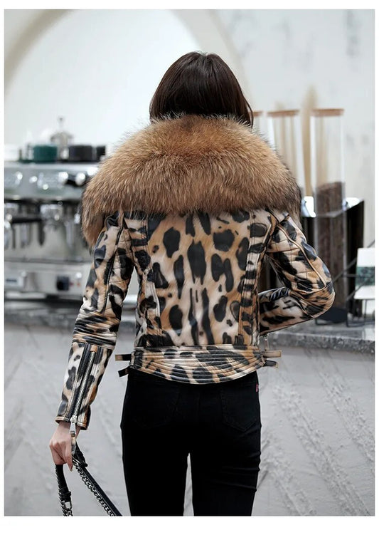 Genuine Leather Jacket Leopard Print Big Fur Collar