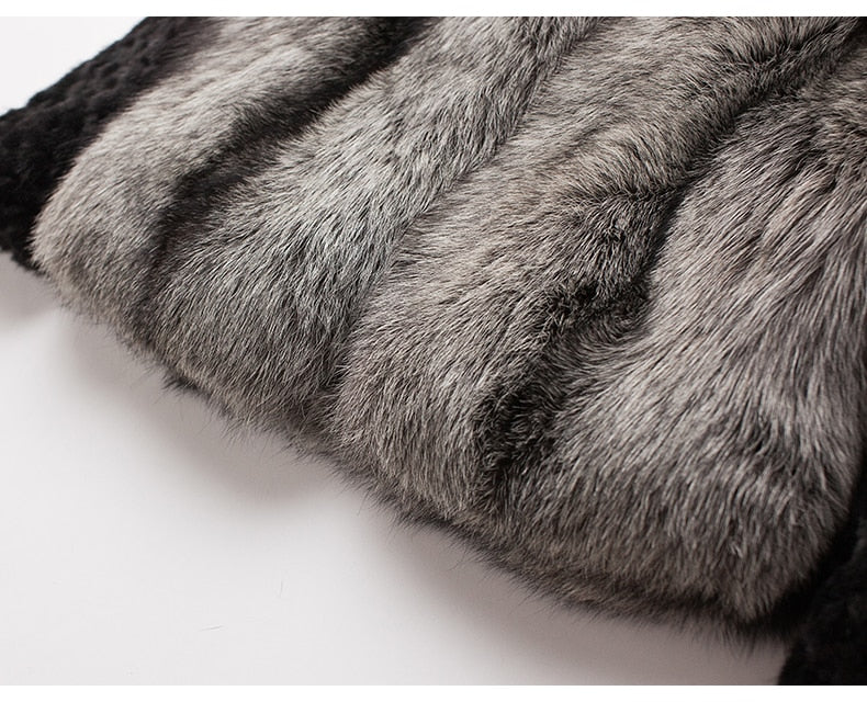 Real Fox Fur Hooded Coats Black Real Mink Fur Sleeves