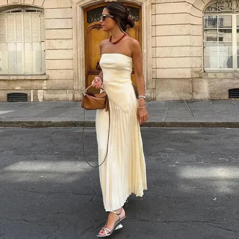 Strapless Pleated Top & High Waist Skirts Sets