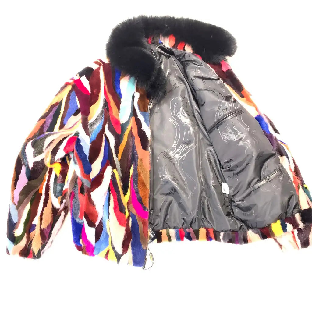 Multicolor Real Mink Fur Fox Fur Collar Fur Bomber
