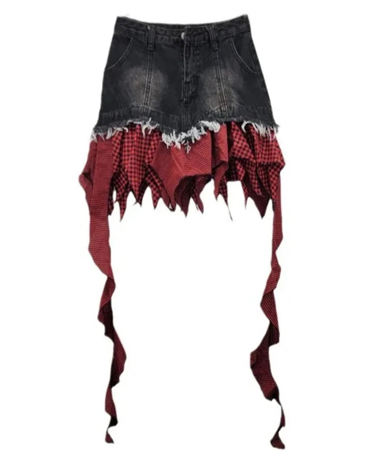 Denim Spliced Irregular Ruffles Mini Skirt