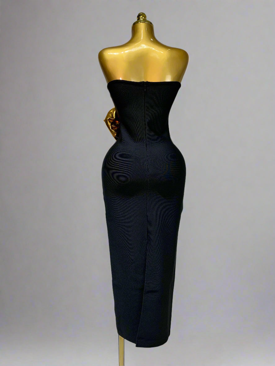 Strapless Gold 3D Flower Long Dress