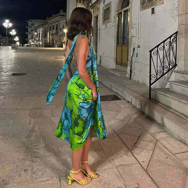 Floral Print Halter Backless Sleeveless Dress