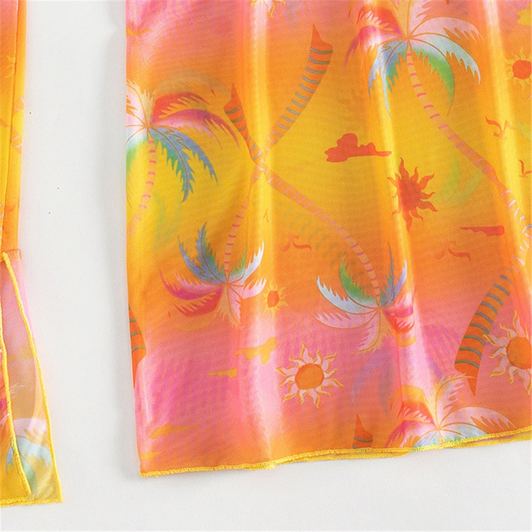 Colorful Beads Long Sleeve Crop & Skirt One Piece