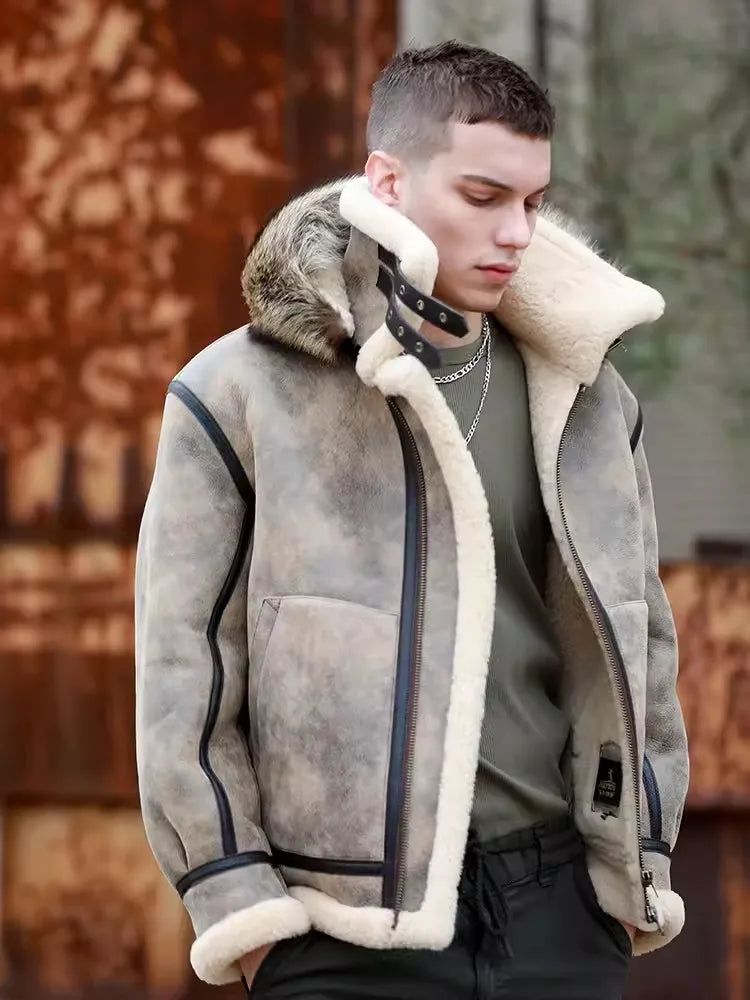 Genuine Leather Hooded Wool Lining Real Fur Coat