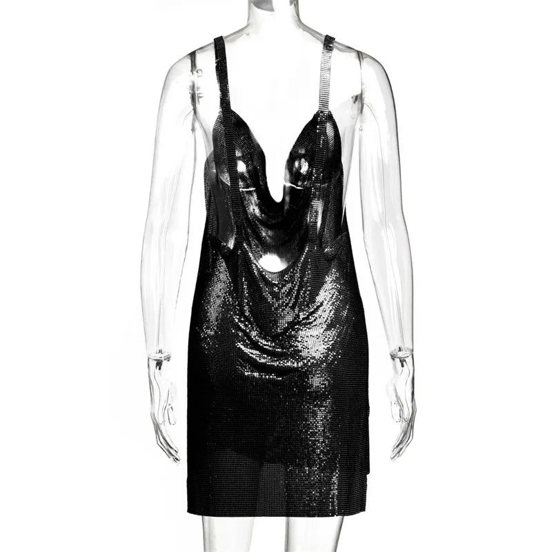 Metallic Chain Halter Metal Backless Mini Dresses