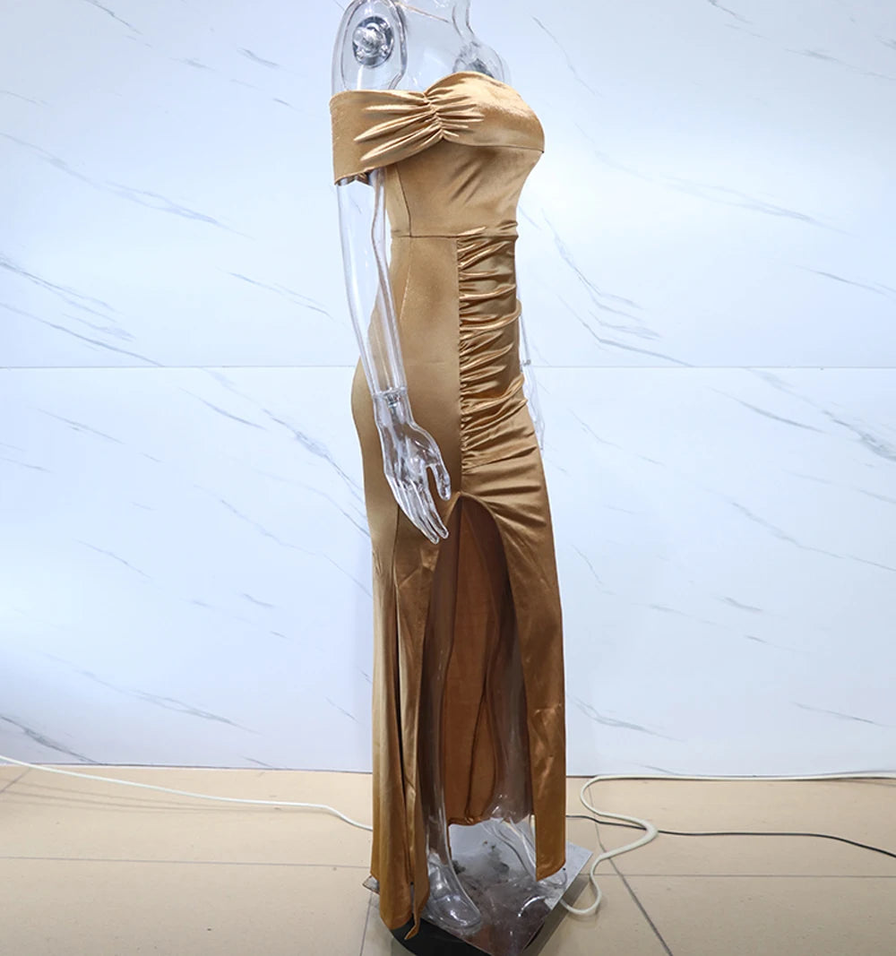 Satin Off Shoulder Split Long Dresses