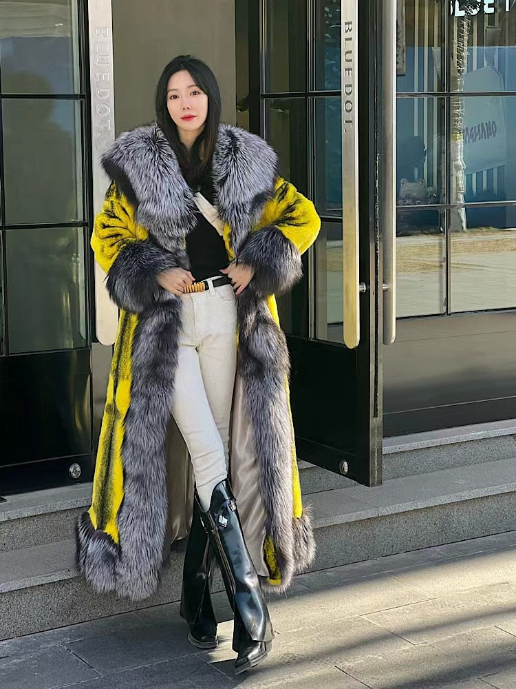 Luxury Real Rabbit Fur X-Long Coats Real Fur Lapel Collar
