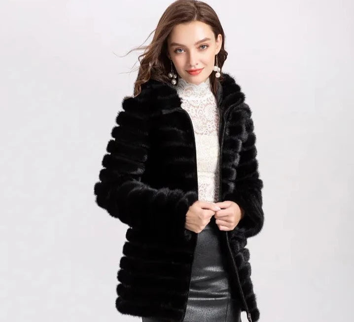 Knitted Natural Real Fur Mink Coats Hooded