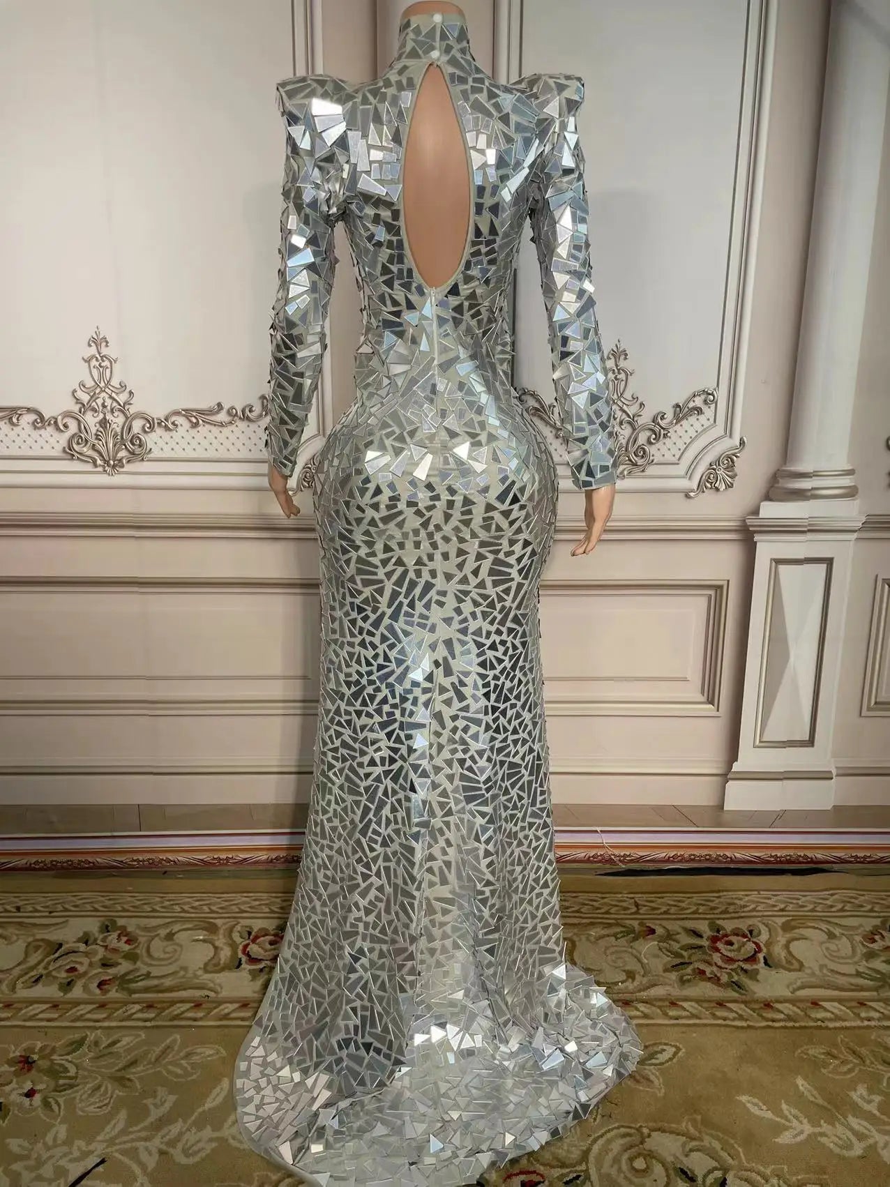 Mirror Mesh Hollow Chest Long Split Dresses