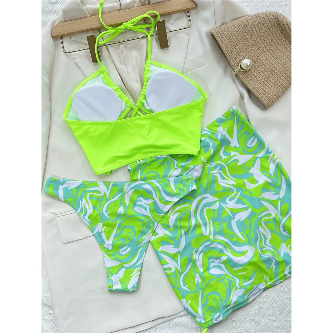 Halter Lace Up Bikini Set & Mini Skirt