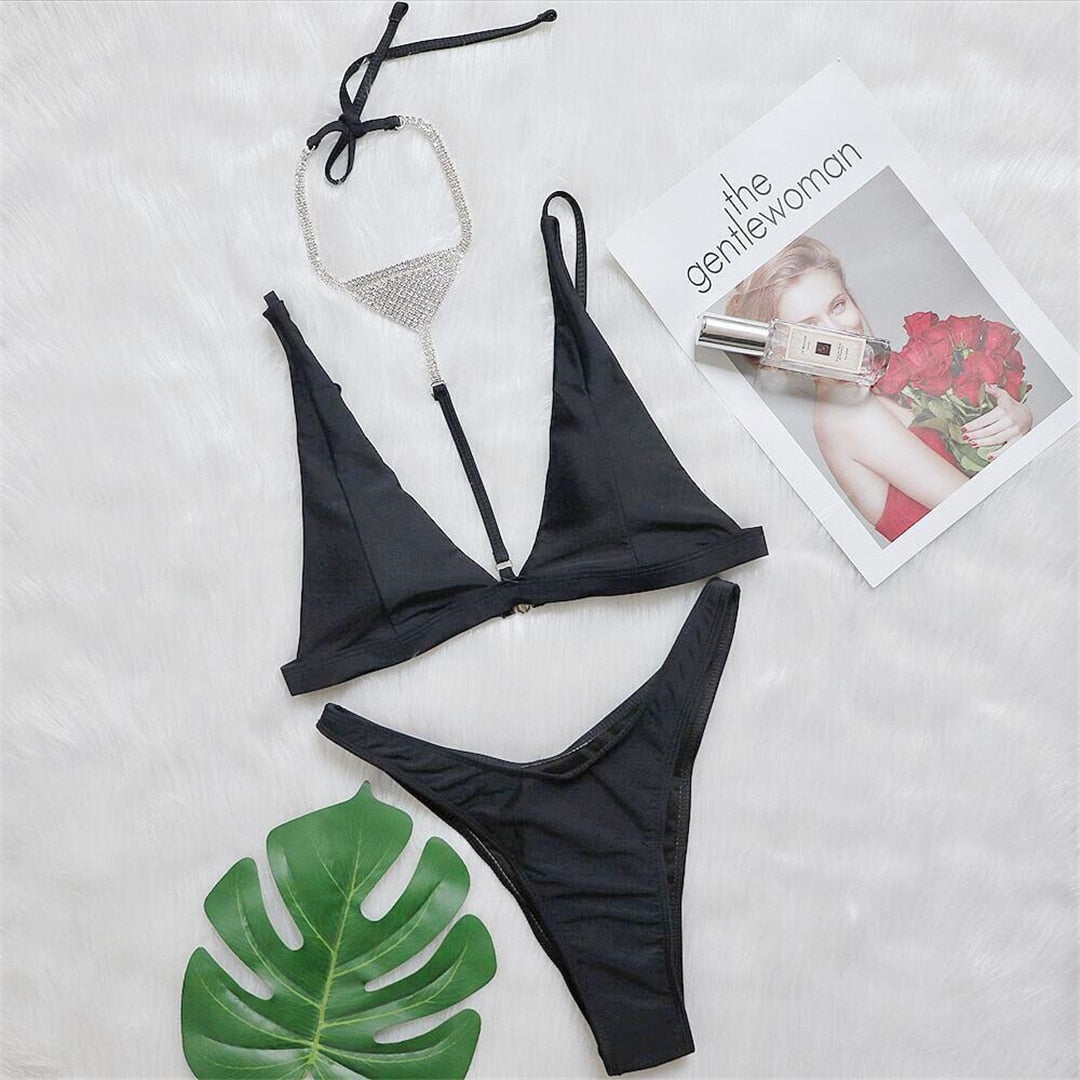 Diamond Long Sleeve Hollow Micro Crop Bikini Set