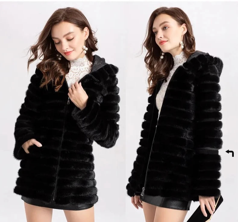 Knitted Natural Real Fur Mink Coats Hooded