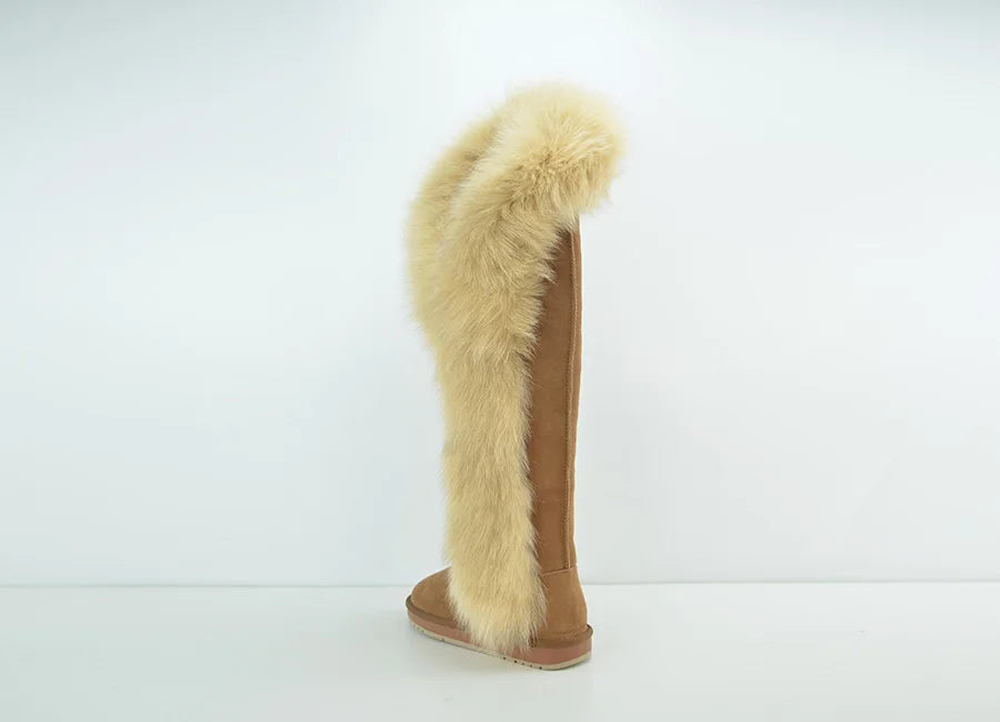 Genuine Leather Natural Side Fur Long Boots