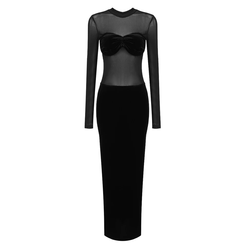 Mesh Long Sleeve Velvet Maxi Skirt Dress