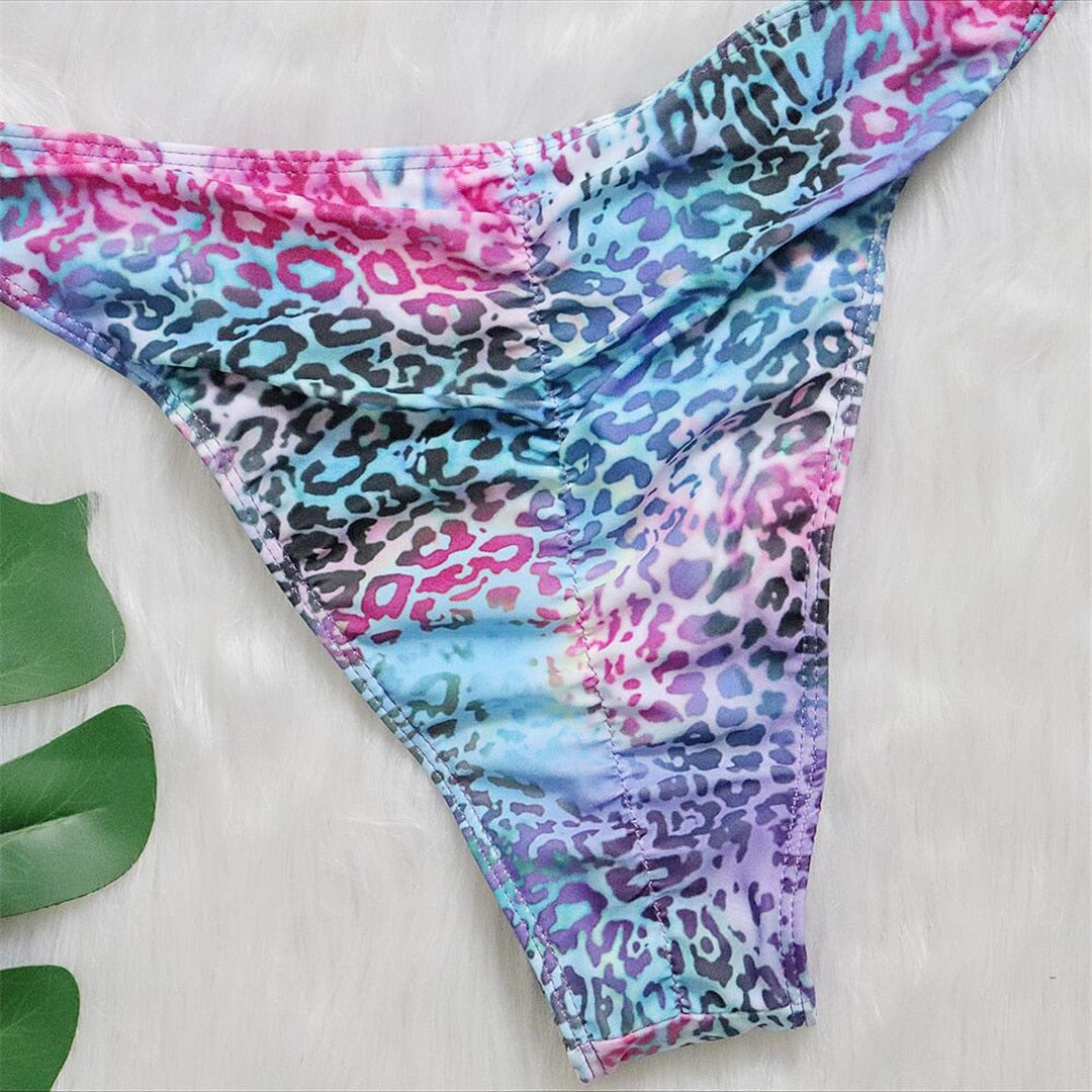 Colorful Leopard Rhinestone Bikini Set