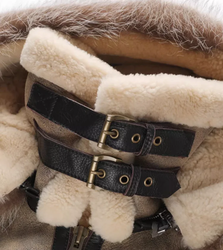 Genuine Leather Hooded Wool Lining Real Fur Coat
