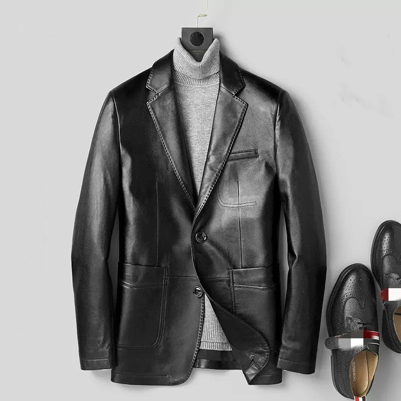 Genuine Leather Blazer Slim Single Breasted