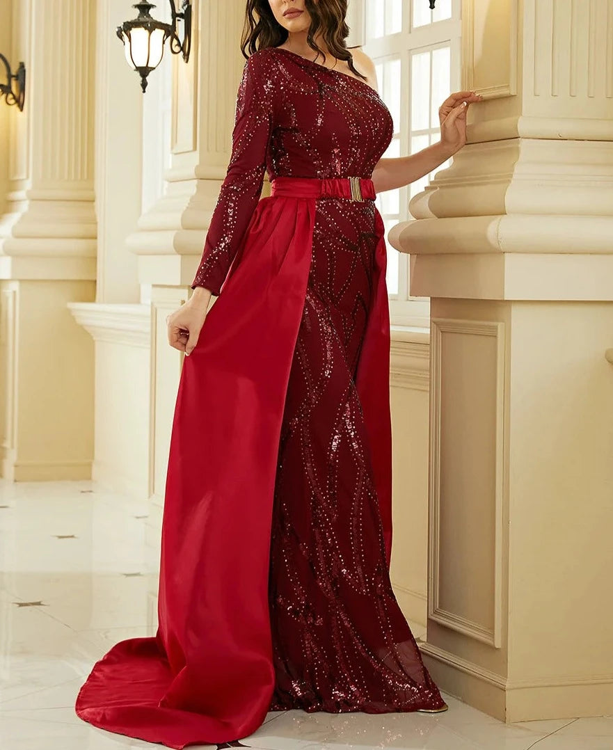 Sequin One Shoulder Waist Shawl Long Dresses