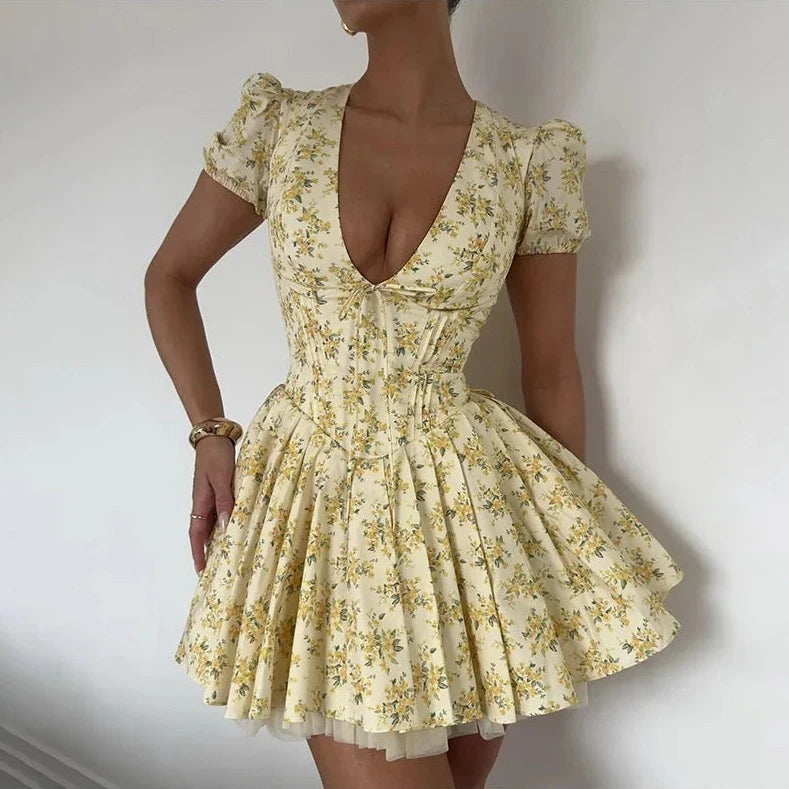 Yellow Deep V Short Puff Sleeve Mini Dress