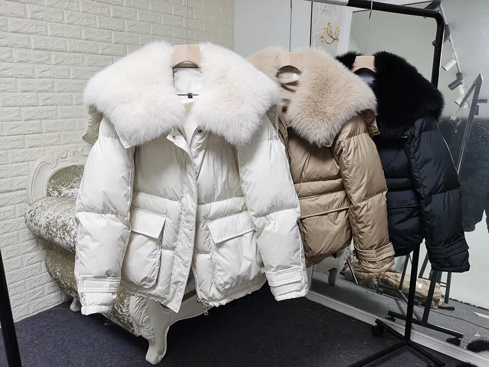 Losse Duck Down Real Fox Fur Collar Parka Puffer Coats