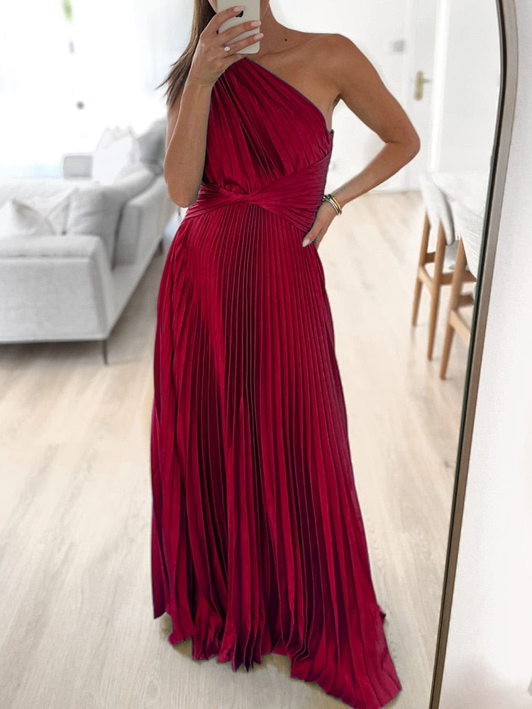 One Long Sleeve Pleated Backless Maxi Dresses