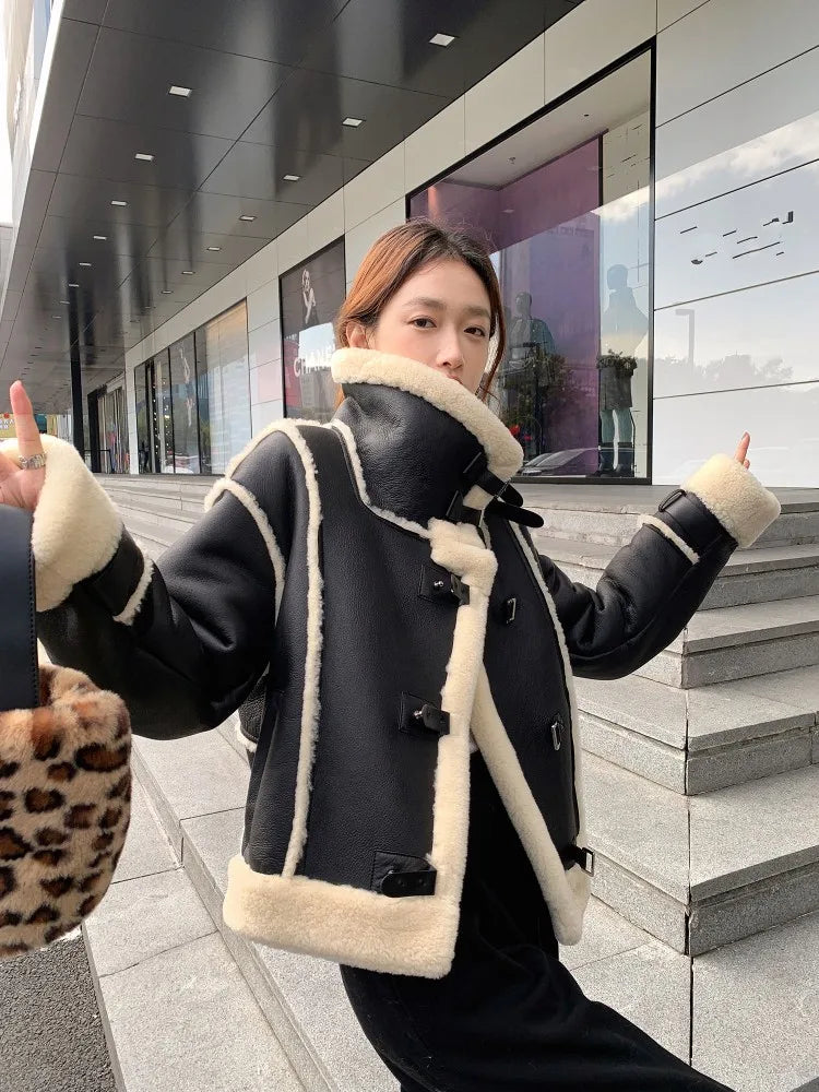 Genuine Leather Coats Real Wool Fur Lining