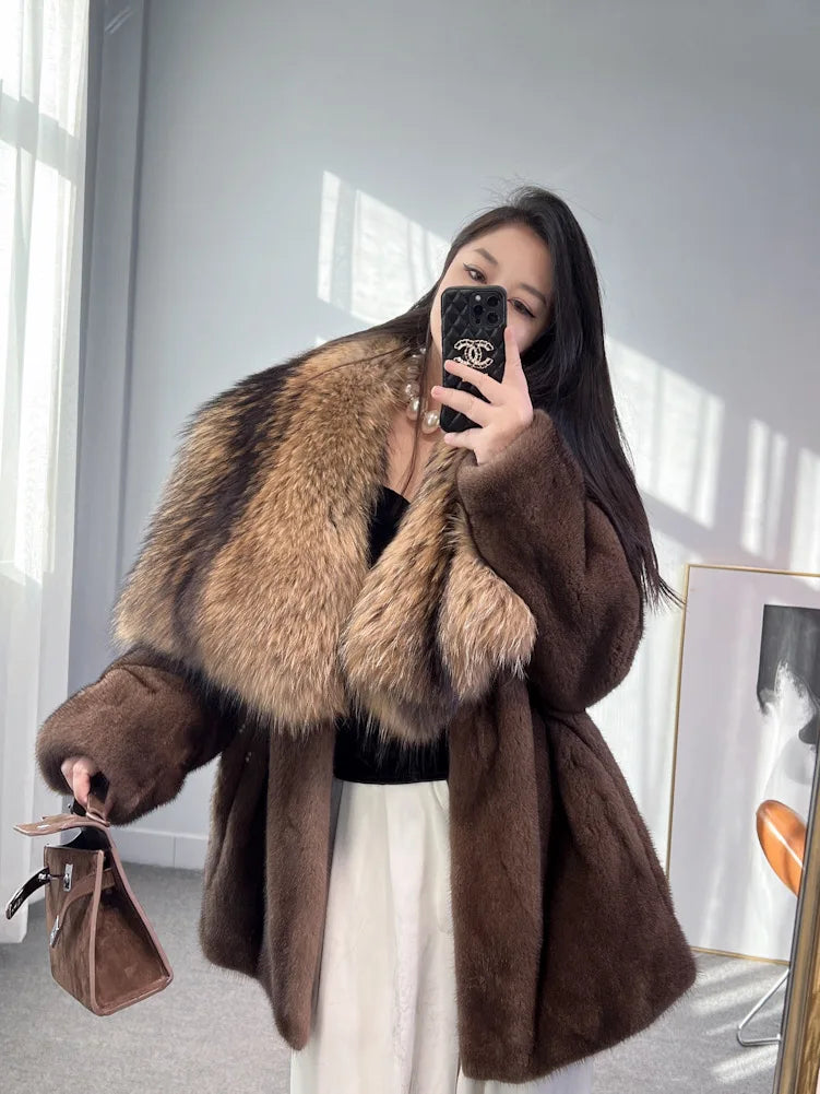 Luxury Real Mink Fur Coat Huge Fox Fur Collar