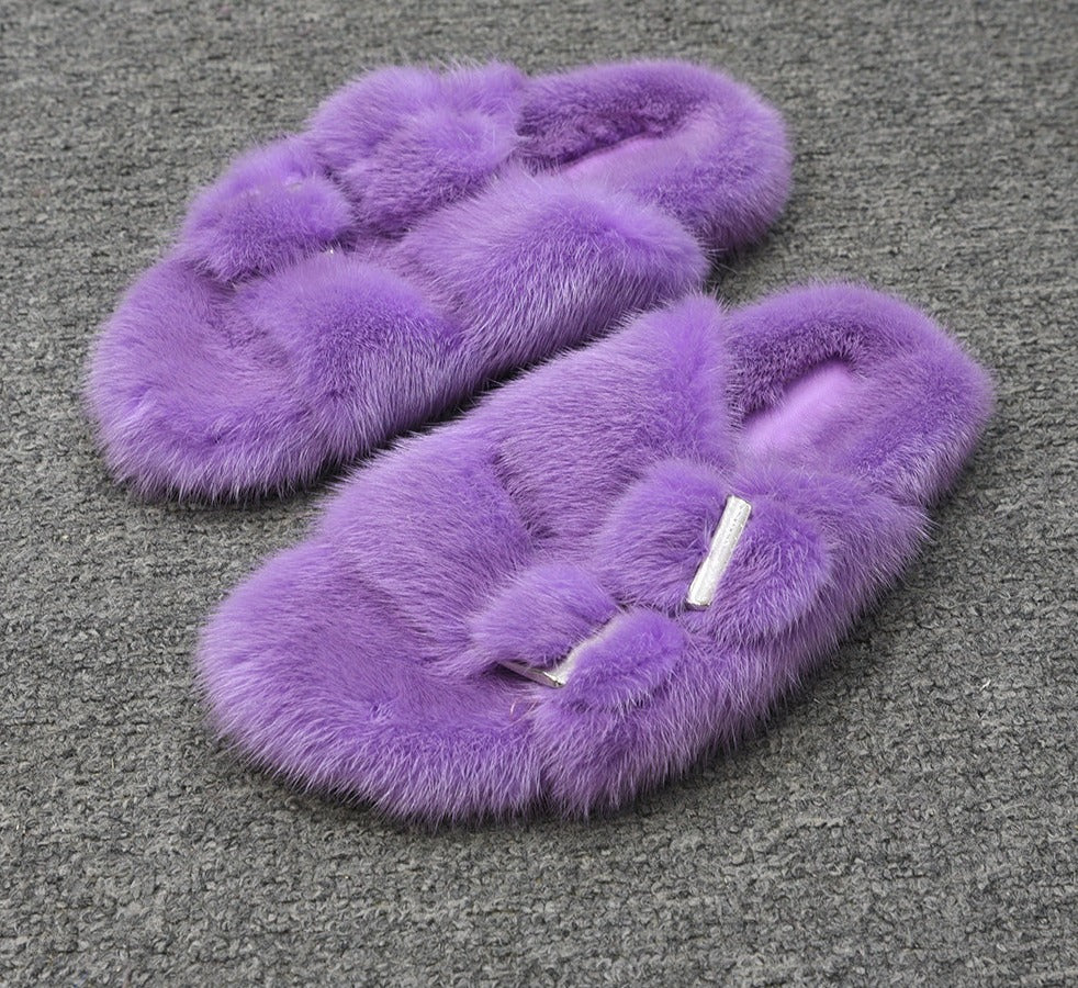 Real Mink Fur Slides Outdoor Flip Flops, Slippers