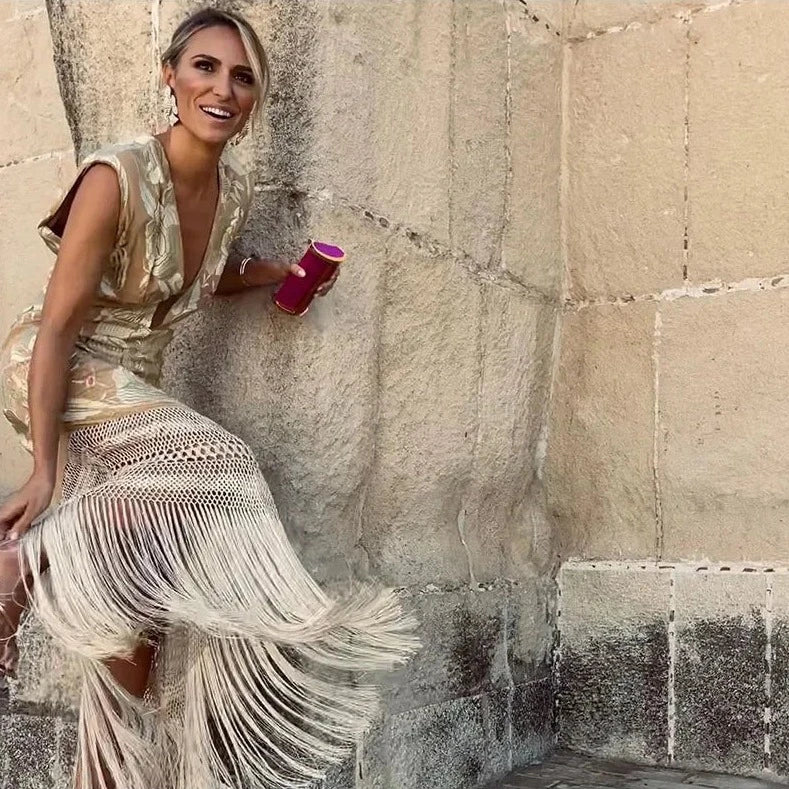 V Neck Sleeveless Long Tassels Dress