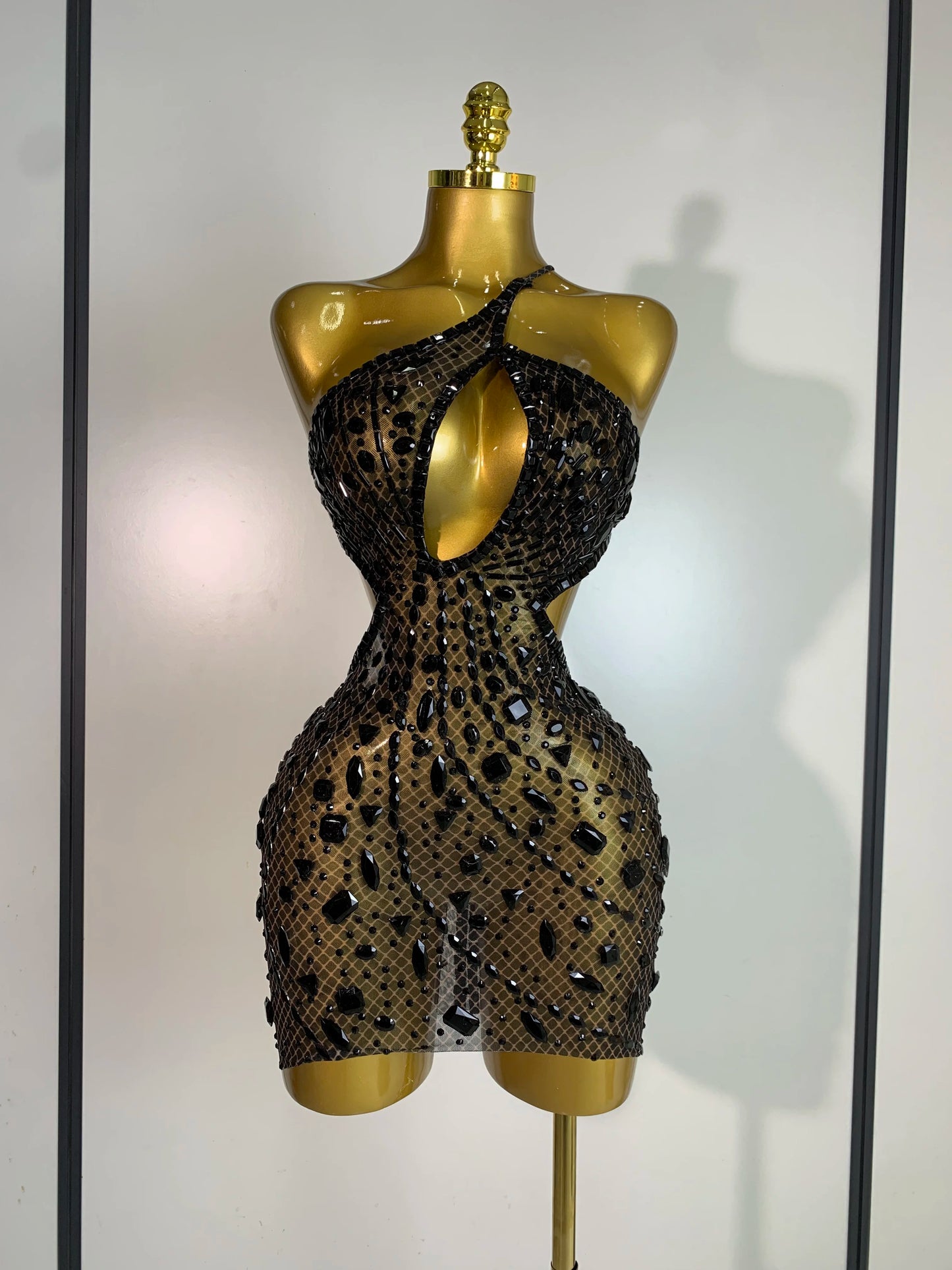 Rhinestone Hollow Backless Mesh Mini Dresses