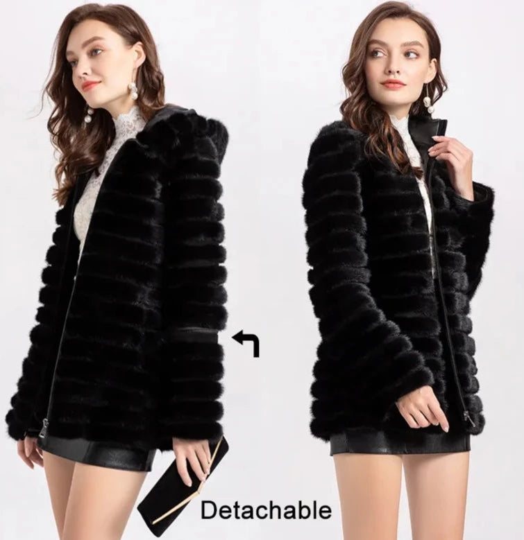 Knitted Natural Real Fur Mink Coats Hooded