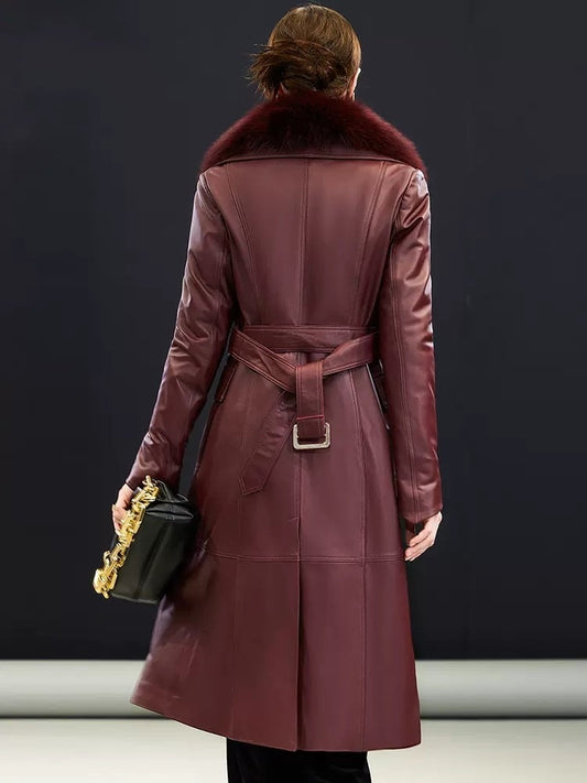 Genuine Leather Long Duck Down Coat Real Fur Collar