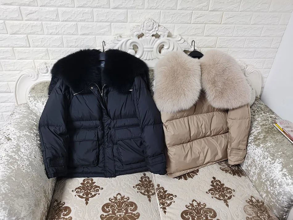 Losse Duck Down Real Fox Fur Collar Parka Puffer Coats