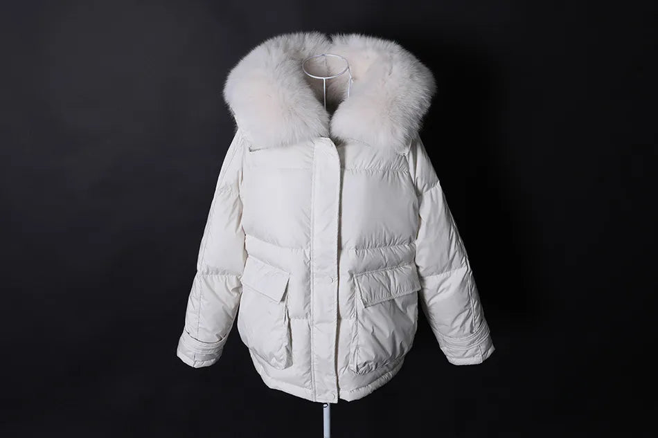 Losse Duck Down Real Fox Fur Collar Parka Puffer Coats
